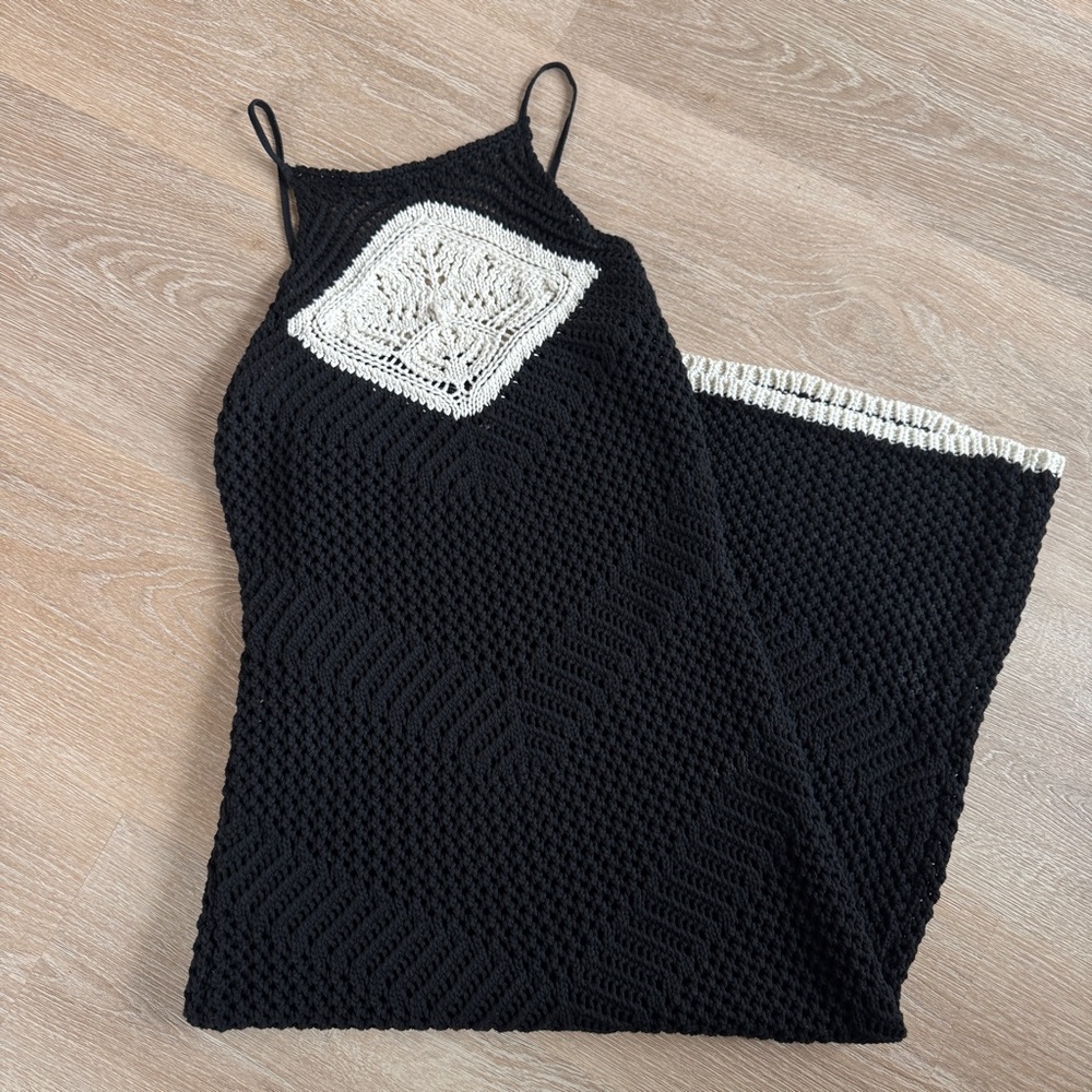 Zara crochet knit midi dress M black cream - Picture 2 of 5